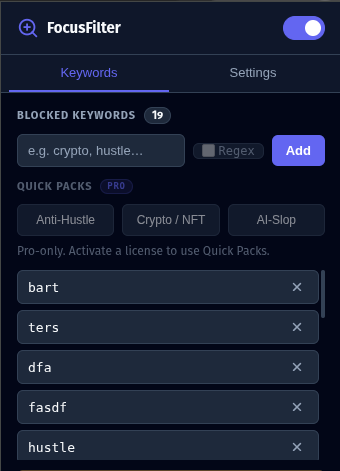 Focus Filter popup UI